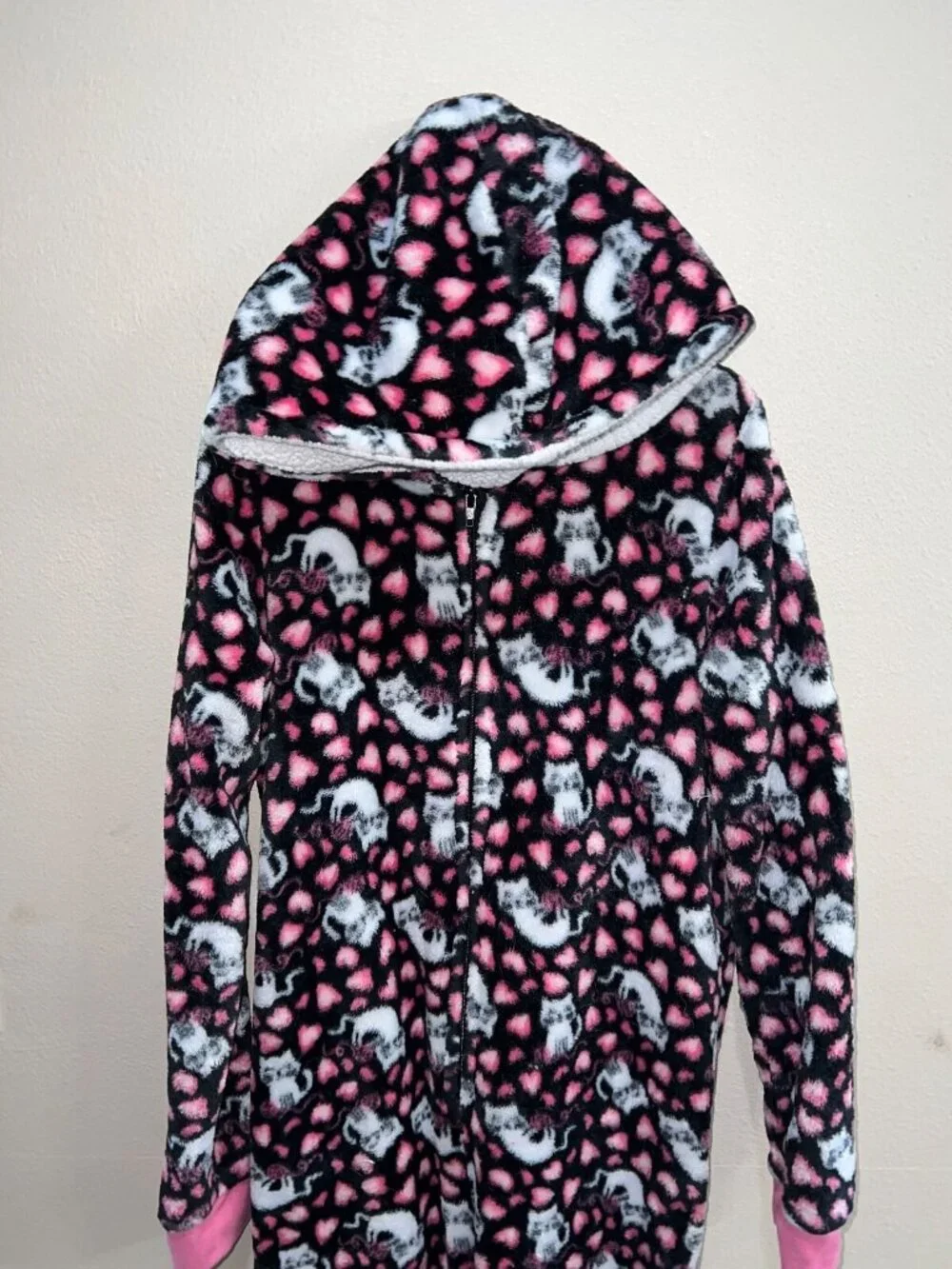 girls Rene Rofe one piece pajama sleepewear hooded full zipper catprint L 10/12